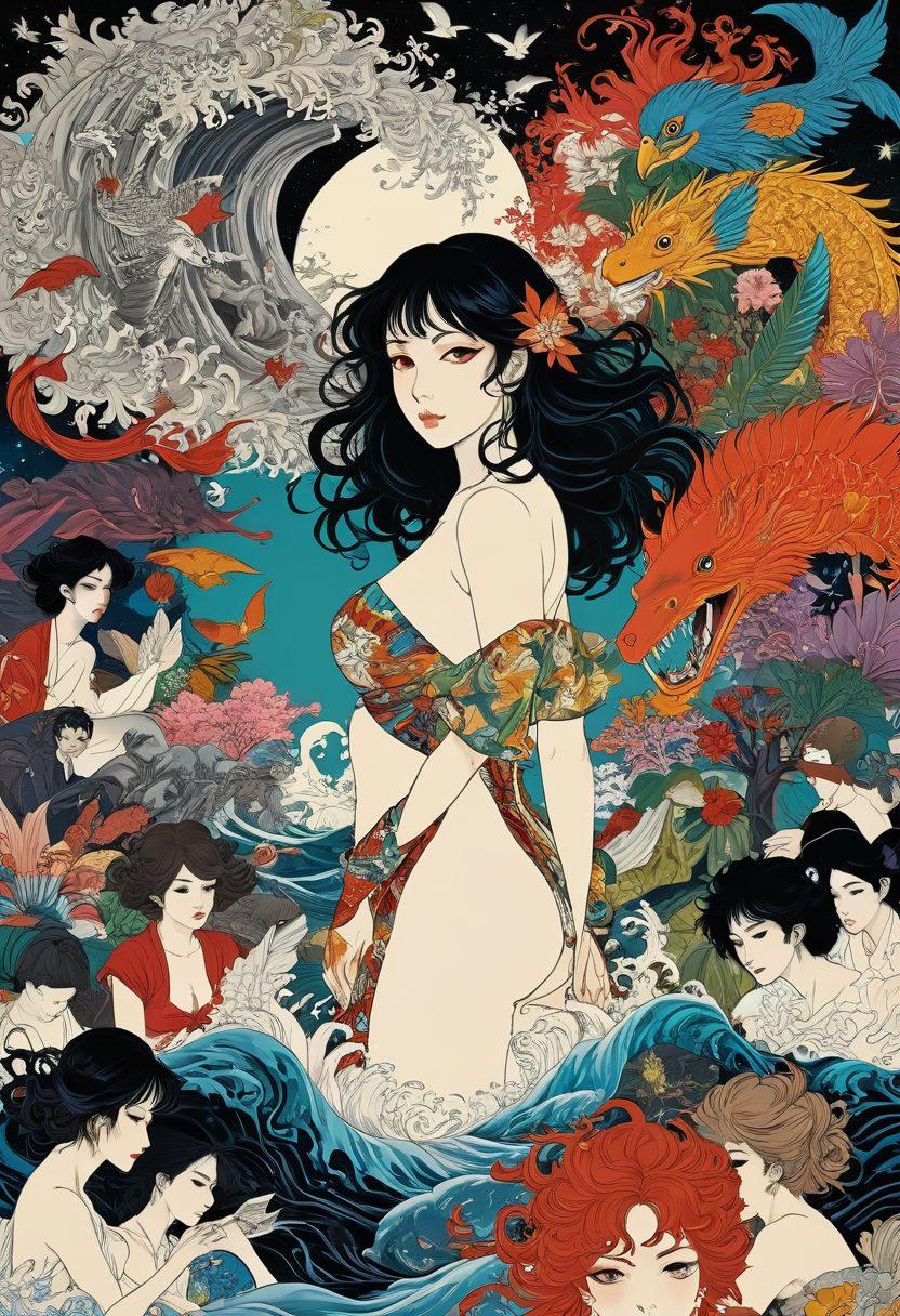 A dynamic collage illustrating the evolution of adult narratives, featuring iconic elements of hentai art intertwined with classic literature imagery. Show a progression from traditional book pages transforming into vibrant, exaggerated hentai scenes, symbolizing breaking creative boundaries. Include diverse characters and fantastical landscapes, emphasizing expression and liberation. super-realistic. vibrant colors. bold contrasts.