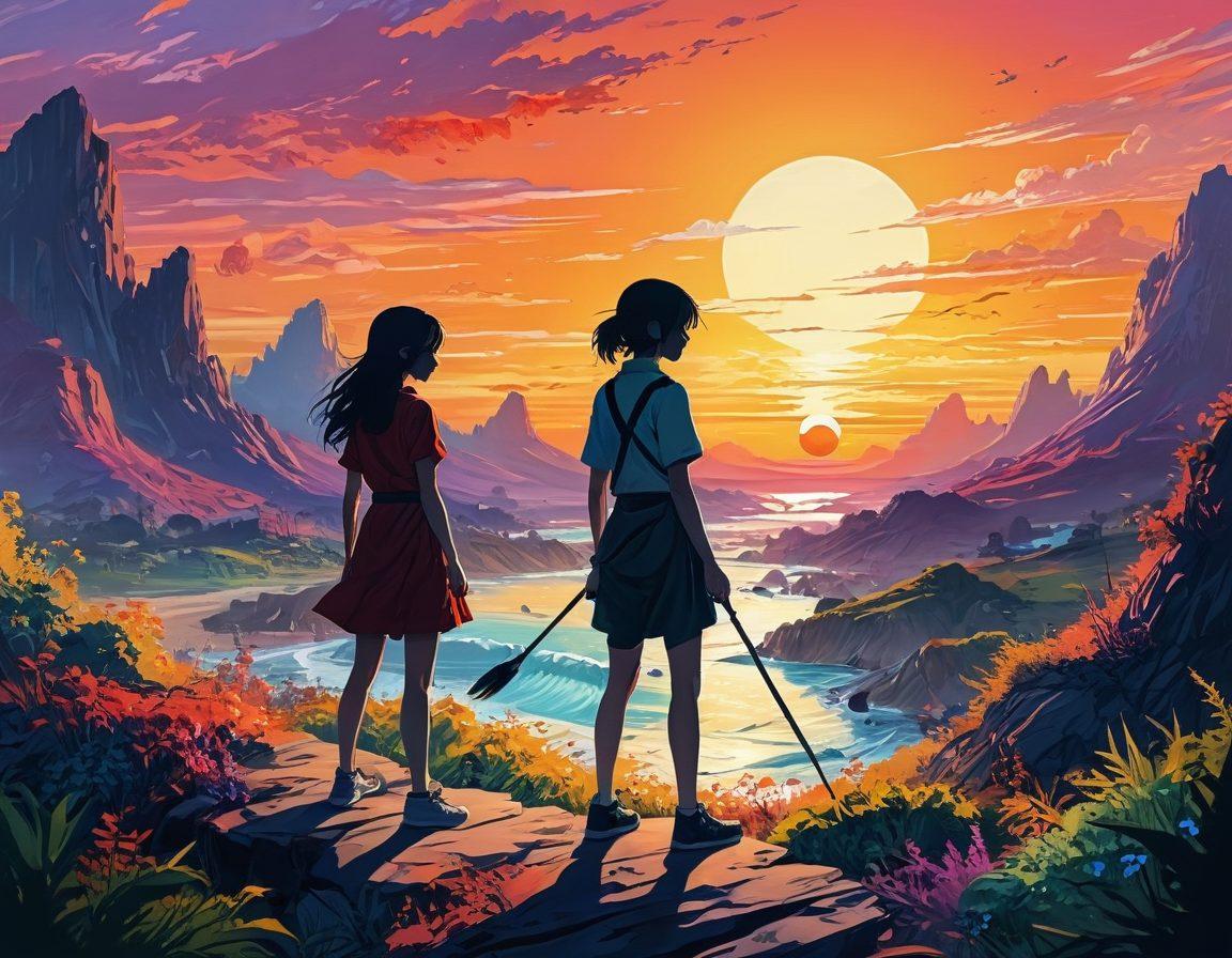 A captivating montage juxtaposing anime-style characters with elements of graphic novels, set against a vibrant sunset backdrop. Include abstract brush strokes symbolizing artistic boundaries and a surreal landscape that melds fantasy with reality. Infuse a sense of exploration and creativity, integrating various artistic tools like paintbrushes and sketchpads. Focus on the interplay of light and shadow to enhance depth. super-realistic. vibrant colors. surrealism.